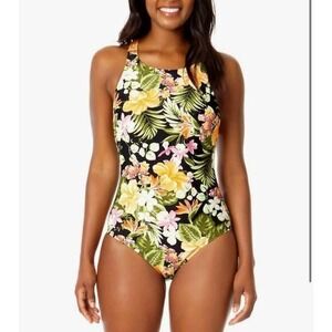 Hurley Womens Tropical Floral High Neck One Piece Swimsuit L EUC resort modest